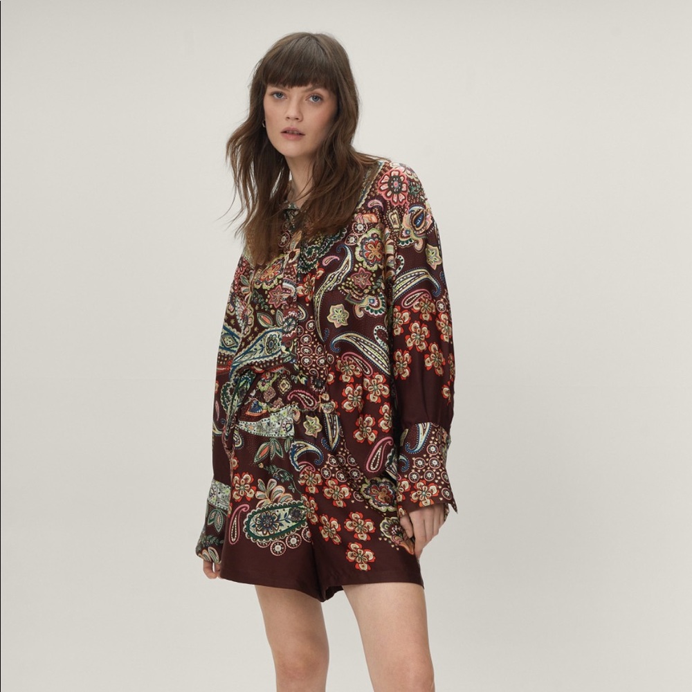 Nasty Gal paisley oversized satin long sleeve shirt NWT
